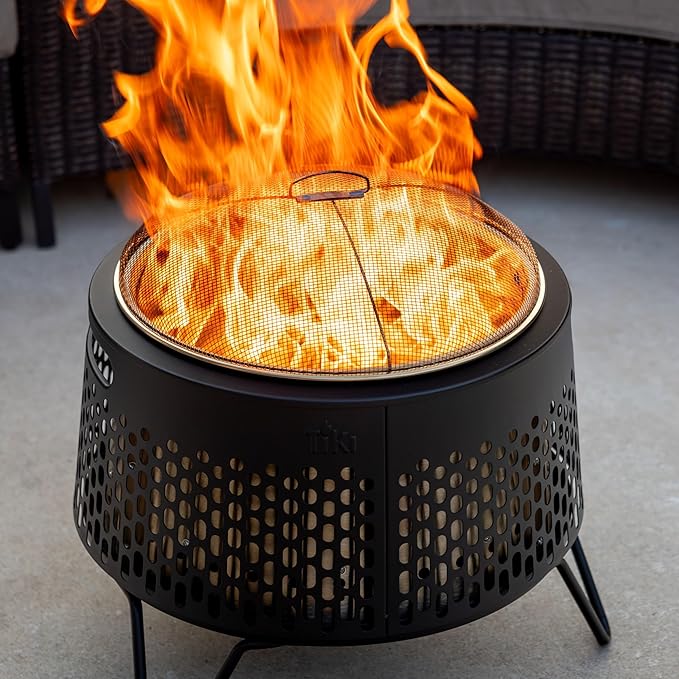 TIKI Social & Huddle Fire Pit Screen & Poker Set – Spark Protector, Ember Guard & Fire Poker for Safe Smokeless Fires – Durable Gold & Black Metal Fire Pit Accessories