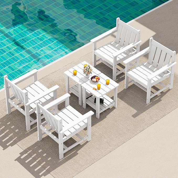 SEWRWALL Patio Furniture Set, HDPE Material All Weather Use Adirondack Chair Set with Side Table for Balcony, Porch, Garden, Backyard- White