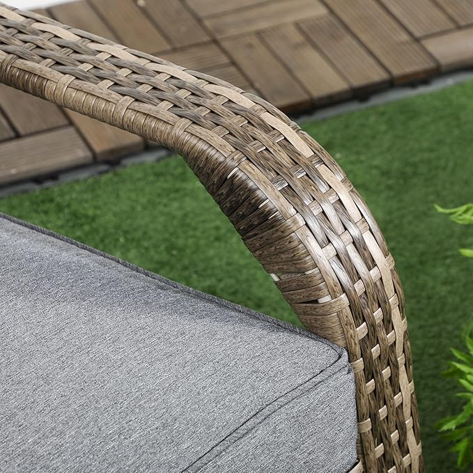 Outsunny Patio Wicker Adirondack Chair, Outdoor All-Weather Rattan Fire Pit Chair w/Soft Cushions, Tall Curved Backrest and Comfortable Armrests for Deck or Garden, Mixed Tan/Dark Gray
