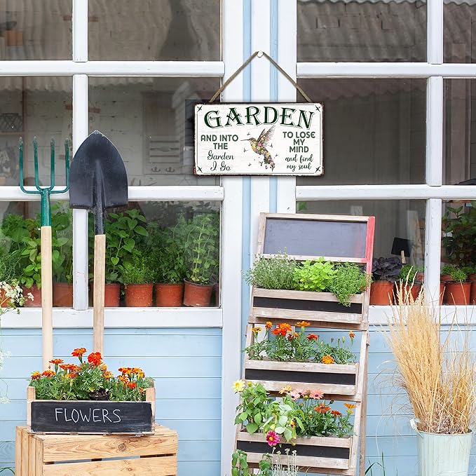Into The Garden To Lose My Mind Garden Sign - Retro Wooden Hanging Spring Decor for Country Rustic Garage Home Farmhouse Wall Fence Decor Gift for Mothers, Grandmas, and Plant Lovers -A05