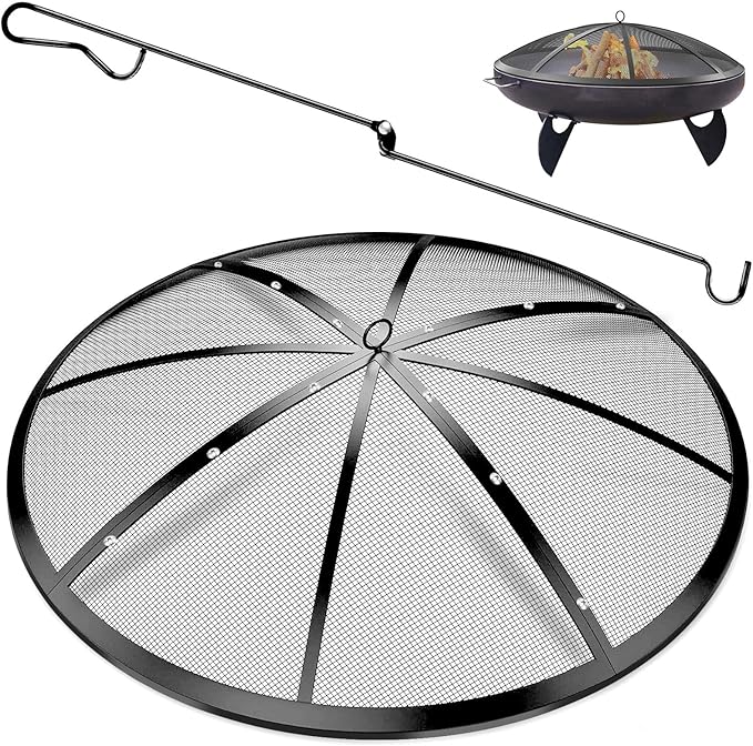 Fire Pit Spark Screen, 30Inch Fire Pit Lid Outdoor with Handle & Poker, Heavy-Duty Mesh Firepit Cove, 12 Reinforced Bars for Backyard/Beach/RV Camping