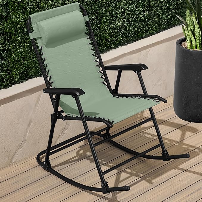 Best Choice Products Outdoor Folding Rocking Chair, Zero Gravity Lounge Chair, Patio Rocker w/Headrest Pillow - Sage Green