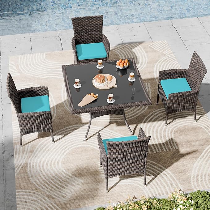 Kullavik 5-Piece Outdoor Dining Set Patio Rattan Furniture Set,Patio Dining Table and Chairs Set with 4 Chairs and Cushions,Square Glass Tabletop with Umbrella Hole for Patio,Blue