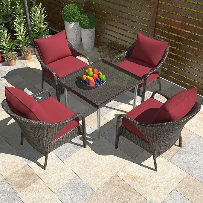 Outdoor Deep Seat Cushion Set, Fade Resistant Patio Chair Cushions, 24x24x6 Inch Patio Sofa Furniture Pad with Removable Cushion Covers (Burgundy, 24''Lx24''Wx6''H-2pcs Set)