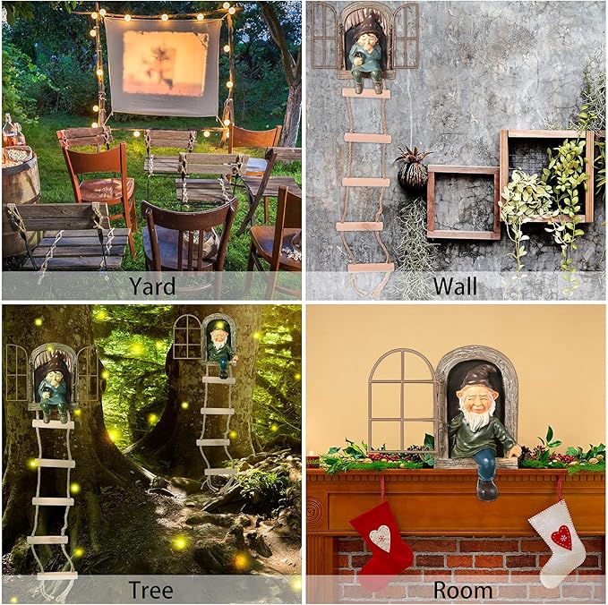 Thyle 4 Pieces Garden Gnomes Outdoor Tree Hugger Gnome Fairy Statue Elf Out The Door Resin Figurine Hanging Ladder Decoration Tree Faces Decor Outdoor for Patio Yard Lawn(Rustic Style)