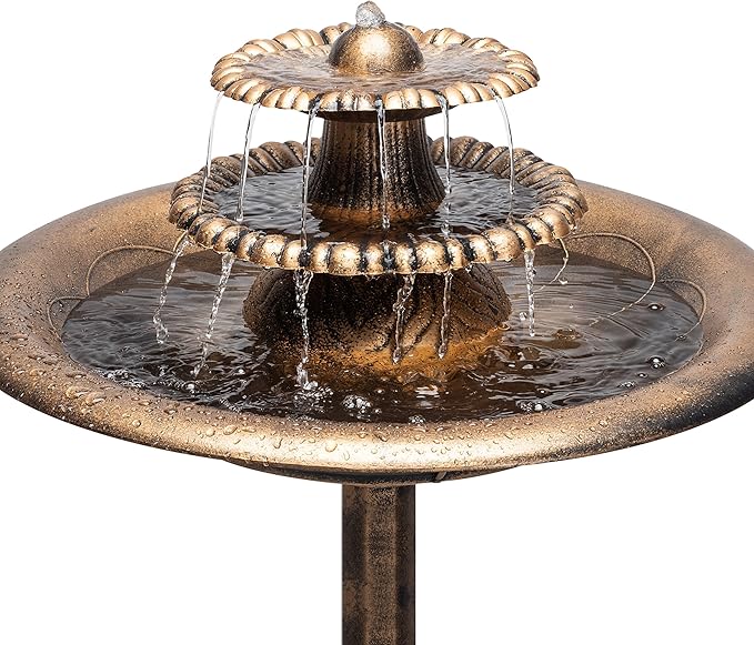 Alpine Corporation TEC106-BZ 35” Tall 3-Tier Pedestal Water Fountain with Birdbath in Vintage – Outdoor Garden Fountain for Yard, Patio, Deck Decoration, Bronze