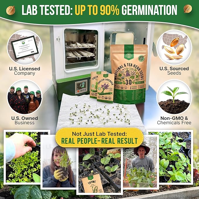 Organo Republic 30 Medicinal Tea Herb & Flower Seeds Variety Pack - 13600+ Non-GMO Heirloom Flower Seeds for Outdoor & Indoor Garden, Including Bergamot, Catnip, Calendula, Dandelion, Lovage, Zinnia