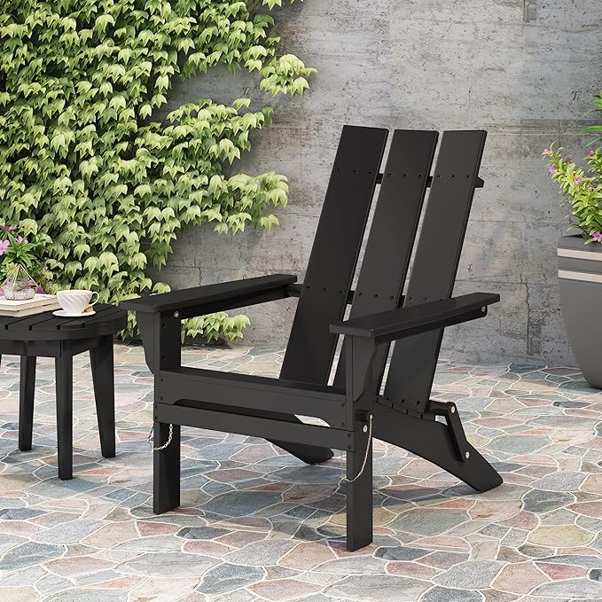 Christopher Knight Home Kaisa Acacia Wood Lounge Chair Outdoor, Foldable Adirondack Chair, Slatted Design Side Chair, Extra Seating for Balcony Backyard Poolside Garden, Weather Resistant, Black