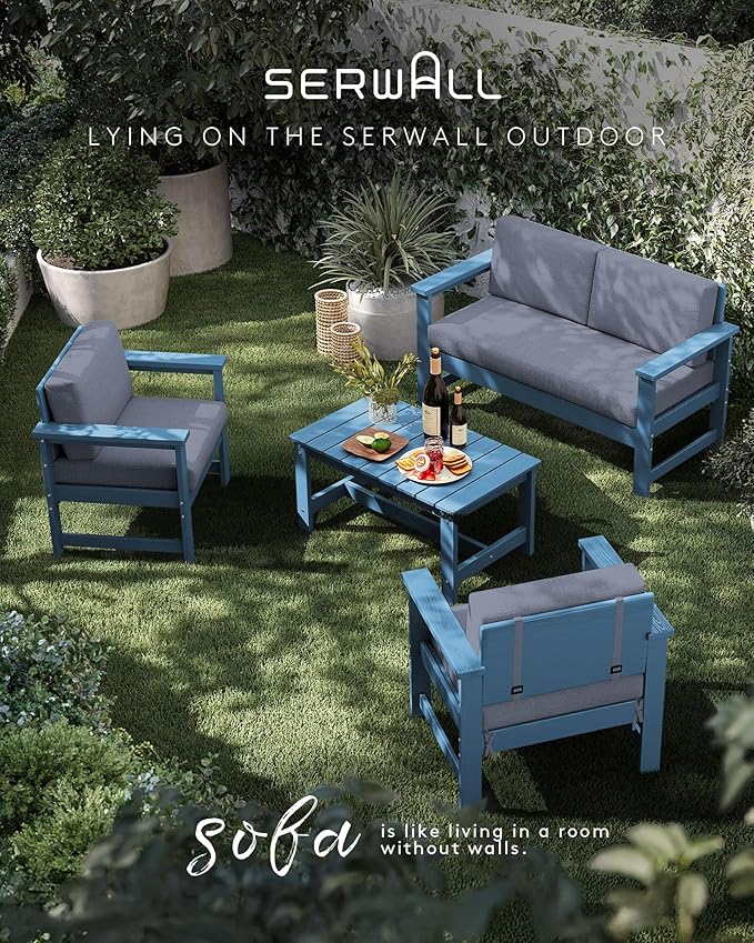 SERWALL 3 Pieces HDPE Outdoor Sofa Bistro Set with Cushions, Outdoor Furniture Sofa Sets with Coffee Table and Cushions, All Weather Conversation Social Set, Blue Frame and Grey Cushion