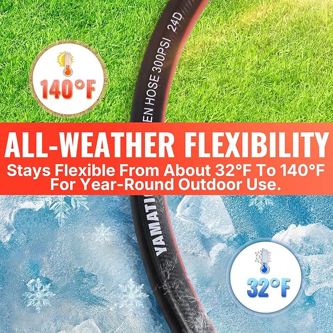 YAMATIC 100FT 5/8" Garden Hose, 300 PSI Kink-Resistant Water Hose with 360° Swivel Connector & 3/4" Brass GHT Fittings, Flexible All-Weather Outdoor Hose for Yard, Lawn, Garden & Driveway