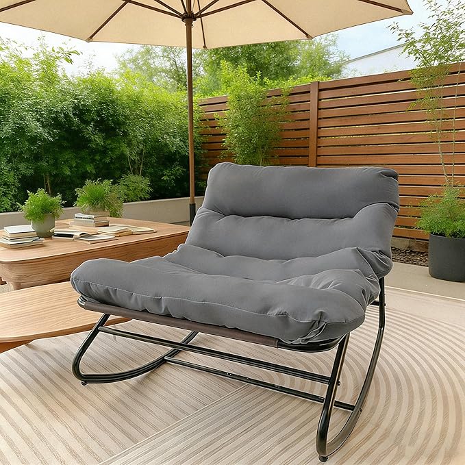 Outdoor Papasan Rocking Chair with Cushion, Oversized Patio Lounge Rocker, Heavy Duty 350 lbs Capacity, Comfortable Indoor & Outdoor Chair for Garden, Lawn, Bedroom, Living Room, Gray