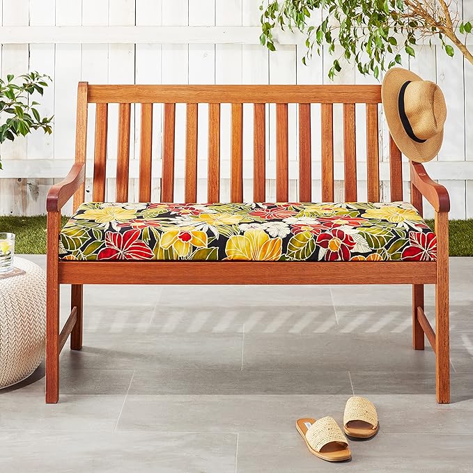 Pillow Perfect Tropic Floral Indoor/Outdoor Sofa Setee Bench Swing Cushion with Ties, Weather, and Fade Resistant, 18" x 45", Black/Green Clemens, 1 Count