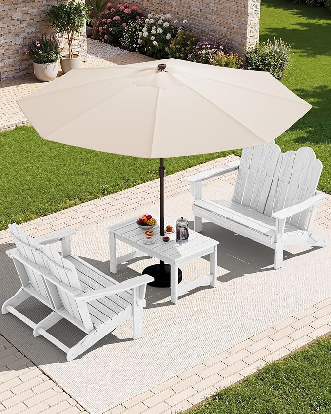 SERWALL 3 Pieces Patio Adirondack Bench Set, 2 Folding Adirondack Bench & 1 Coffee Table with Umbrella Hole Set for Front Porch Garden Balcony Backyard, White