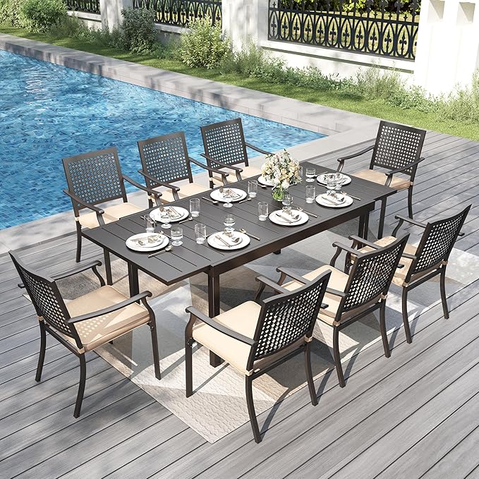 PHI VILLA 9 Pieces Outdoor Dining Set for 8, 83" Rectangular Metal Dining Table with Umbrella Hole & Stackable Wrought Iron Chairs with Cushions, Large Furniture Set for Patio, Deck, Yard, Porch