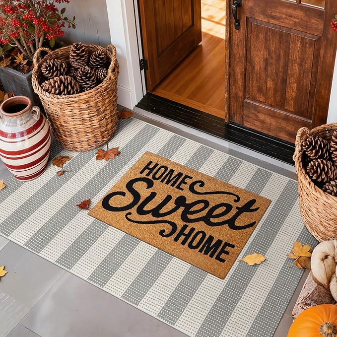 Grey and White Striped Rug-3x5 Front Door Mat Outdoor,Washable Reversible Porch Rug Cotton Hand-Woven Spring Doormat, Foldable Layered Door Mats for Entryway/Farmhouse