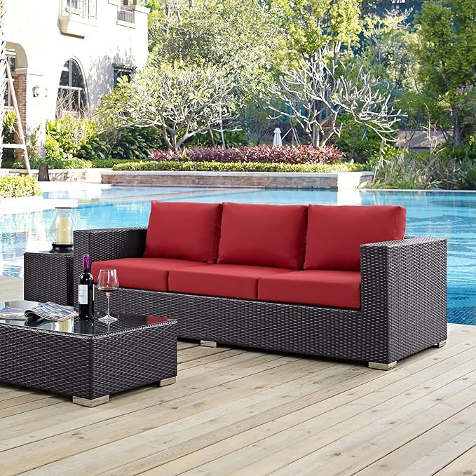 Modway Convene Wicker Rattan Outdoor Patio Sofa with Cushions in Espresso Red