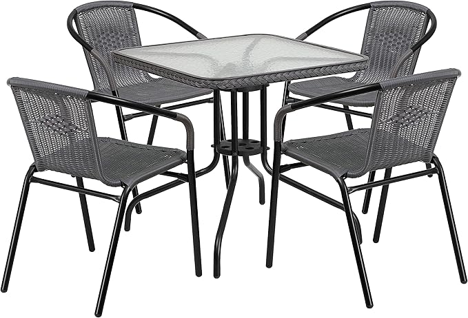 Flash Furniture 5-Piece 28" Square Indoor/Outdoor Patio Table and Chairs Set, Glass Metal Bistro Table and 4 Stacking Rattan Chairs, Gray