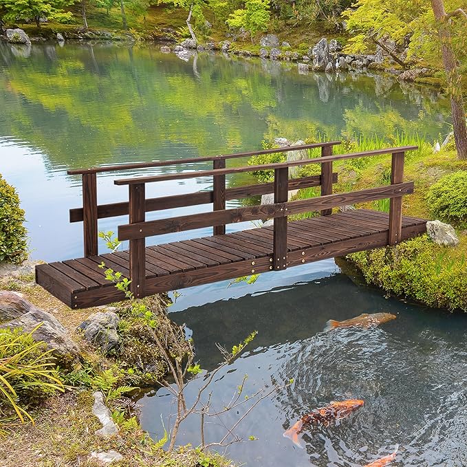 CHARMMA 7' Wooden Garden Bridge with Safety Rails, Backyard Footbridge for Ponds, Creeks, Streams, Stained Finish