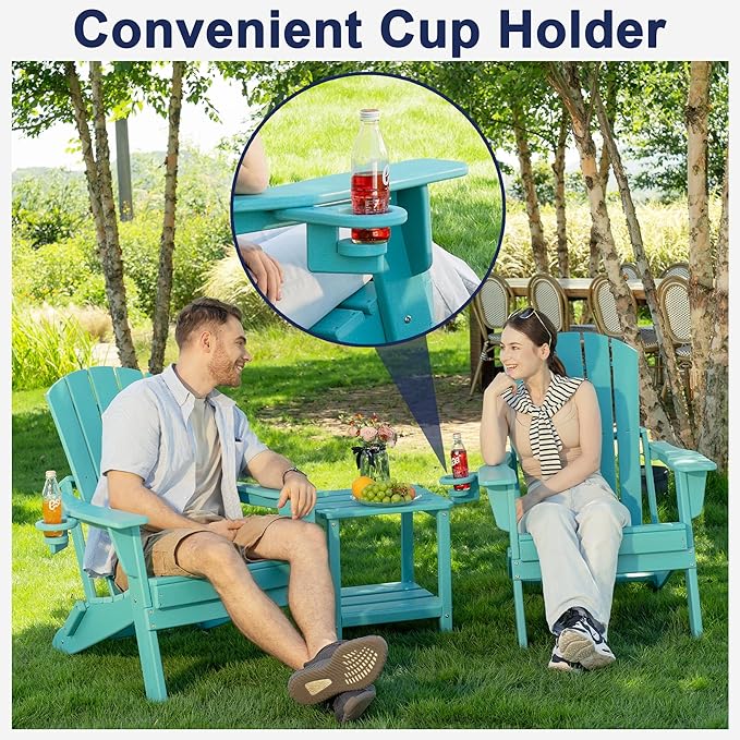 Plawdlik Folding Adirondack Chair Set of 6 with Cup Holder，Wooden Textured ，Heavy All-Weather HDPE Comfortable Set Poolside Backyard Lawn, Aruba Blue