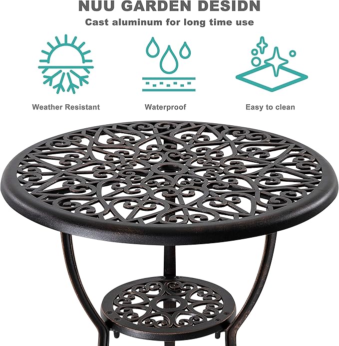 NUU GARDEN 3 Piece Outdoor Bistro Set Cast Aluminum Bistro Table Set Patio Table and Chairs with Umbrella Hole for Backyard, Balcony, Front Porch, Black