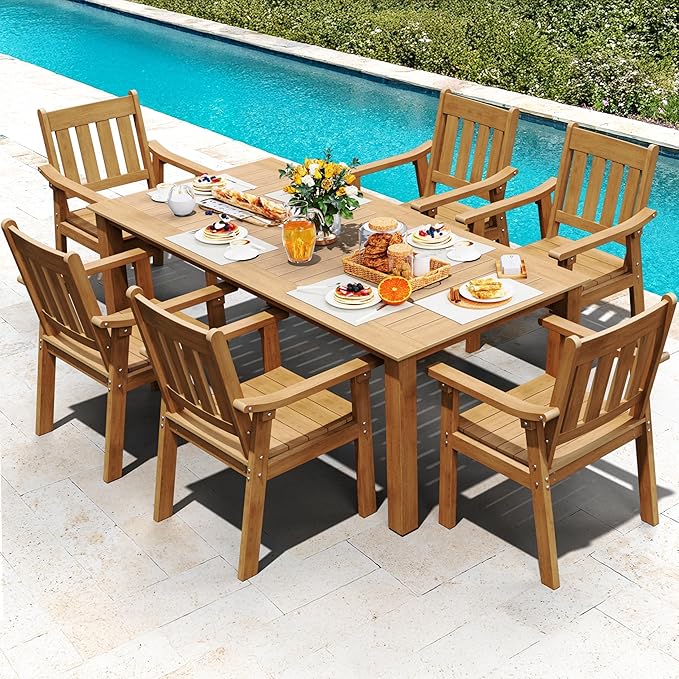 YEFU Outdoor Dining Table for 6: All Weather Rectangular Patio Table with Umbrella Hole and Aluminum Frame - Outdoor Furniture for Outside Backyard/Garden/Pool/Porch/Deck, 300lbs Capacity, Teak