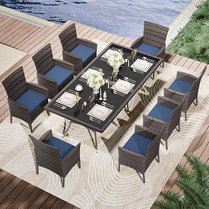 Kullavik 10-Piece Outdoor Dining Set Patio Rattan Furniture Set,Patio Dining Table and Chairs Set with 8 Chairs and Cushions,Square Glass Tabletop with Umbrella Hole for Patio,Navy Blue