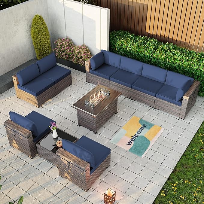 Kullavik 10 Pcs Outdoor Patio Furniture Set with 43" Gas Propane Fire Pit Table PE Wicker Rattan Sectional Sofa Patio Conversation Sets,Navy Blue