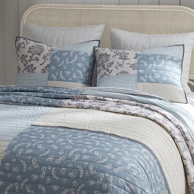 Wonderful 100% Cotton Patchwork Quilt King Size, Blue Beige Floral Stitch Bedding, Farmhouse Reversible Soft Pre-Washed Rustic Coverlet Bedspread for All Season 106"x94"