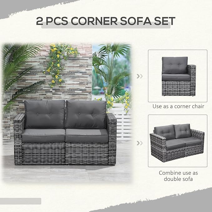 Outsunny 2 Piece Patio Wicker Corner Sofa Set, Outdoor PE Rattan Furniture, with Curved Armrests and Padded Cushions for Balcony, Garden, or Lawn, Gray