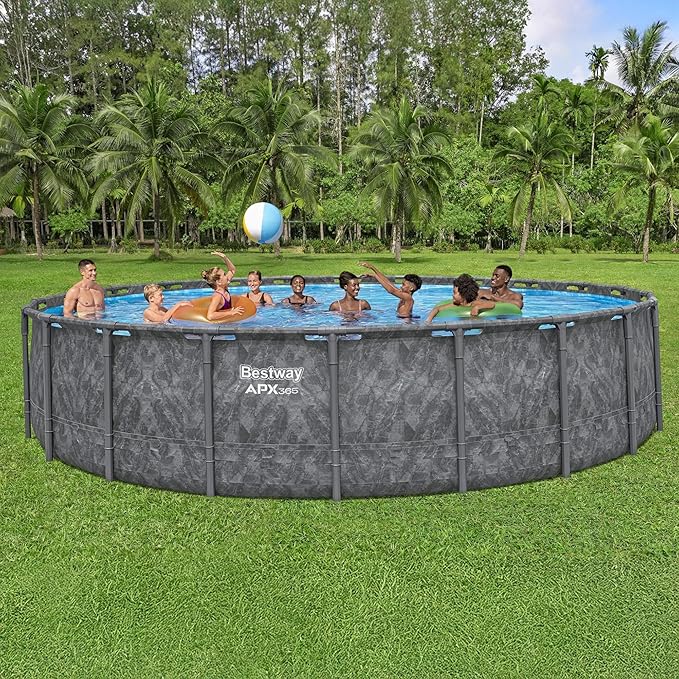 Bestway APX 365 22' x 52" Above Ground Pool, Round Metal Frame Outdoor Swimming Pool Set with Sand Filter Pump, Ladder, and Cover, Dark Marble