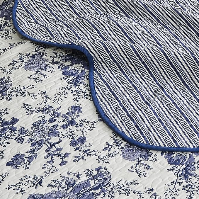 Wonderful 100% Cotton Blue Floral Quilt Set Queen Size Bedding Sets with Pillow Shams and Bed Skirt, 4 Pieces Floral Bedspread Coverlet, Quilted Blanket Bed Cover for All Season, 88"x90"