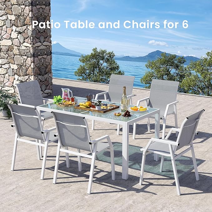 7 Piece Patio Dining Sets for 6, Outdoor Table and Chairs Set with 59in Patio Dining Table and 6pcs Textilene Chairs, All Weather Furniture Set for Backyard Deck Garden