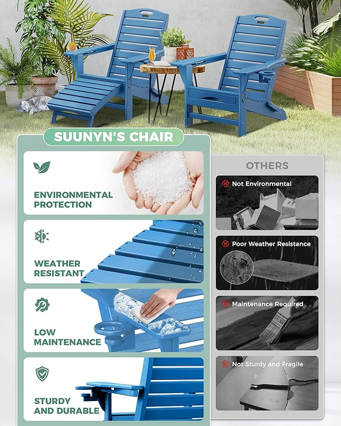 Folding Adirondack Chairs Set of 6,Adirondack Chair with Retractable Ottoman,Plastic Adirondack Chairs with 2 Cup Holder,Weather Resistant Patio Chair,Outdoor Chairs Set of 6(Navy Blue)