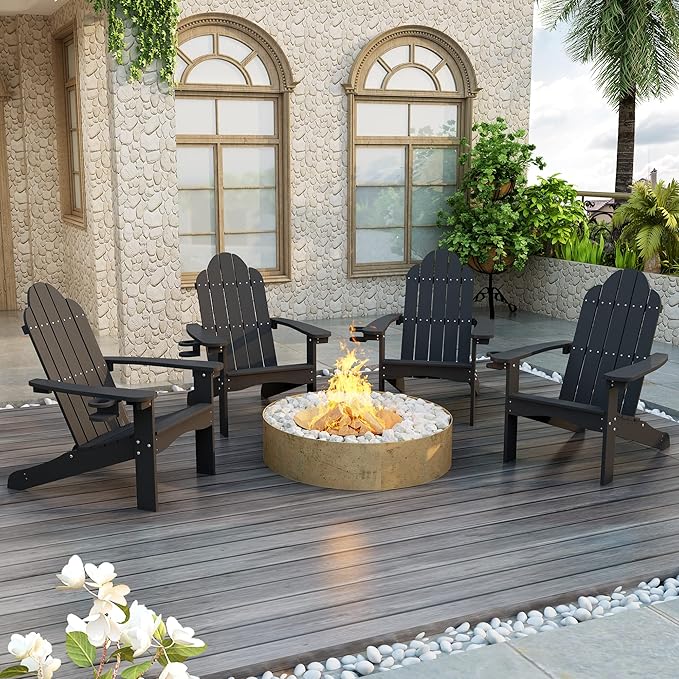 LUE BONA HDPS Adirondack Chairs Set of 8, Fire Pit Outdoor Chair Weather Resistant with Cup Holder, Modern Plastic Chair Plastic for Patio, Deck, Proch, 350LBS, Black