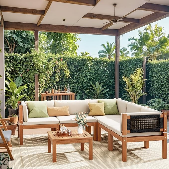 Devoko Outdoor Sectional Couch 6 Pieces Patio Sectional Sofa with Acacia Wood Coffee Table, Outdoor L-Shaped Couch with All-Weather Cushion for Patio,Deck,Backyard(White)