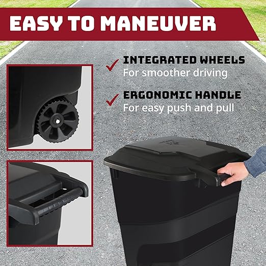 Trash Can With Lid - Ultimate Strength 32 Gallon Wheeled Garbage Can Trash Container - Professional Grade Outdoor Waste Bin with Secure Snap Lid and Ergonomic Handles, Outdoor Recycling Bins, 2 Pack