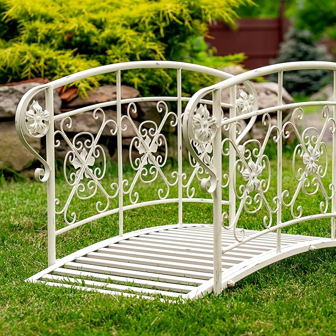 Zaer Ltd. Decorative Iron Garden Bridge, 40.5 x 22 x 22 inches, Antique Bronze or White, Floral Design (Antique White)
