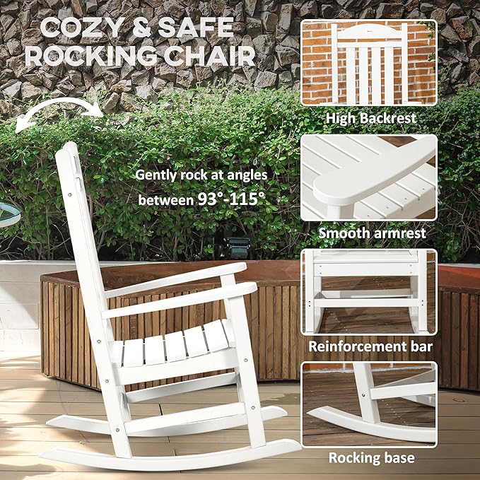 Outsunny 2 Pieces Outdoor Rocking Chair, All Weather-Resistant HDPE Rocking Patio Chairs with Rustic High Back, Armrests, Oversized Seat and Slatted Backrest, 350lbs Weight Capacity, White