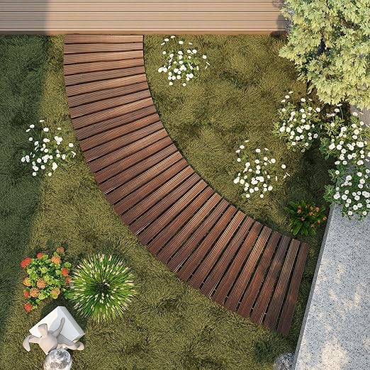 6FT Curved Wooden Garden Pathway Walkway Outdoor Roll Out Decorative Garden Non-Slip Patio Path Decorative Boardwalk Outdoor Road Floor for Backyard Beach Wedding Party