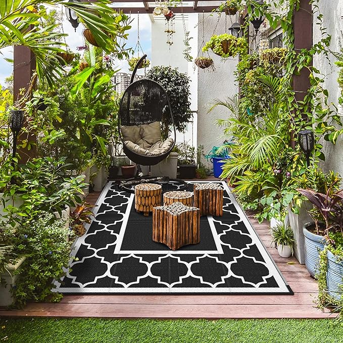 GENIMO 6' x 9' Outdoor Rug Waterproof for Patio Decor, Foldable Reversible Plastic Straw Area Rugs Mat for Camper, Morden Carpet for Outside, Rv, Deck, Porch, Picnic, Beach, Balcony, Black & White