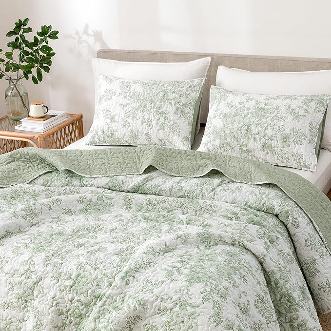 Wonderful Sage Green Floral Quilt King Size Cotton Stitch Bedding Set, Farmhouse Lightweight Comforter Soft Rustic Bedspread Coverlet 3 Piece for All Season