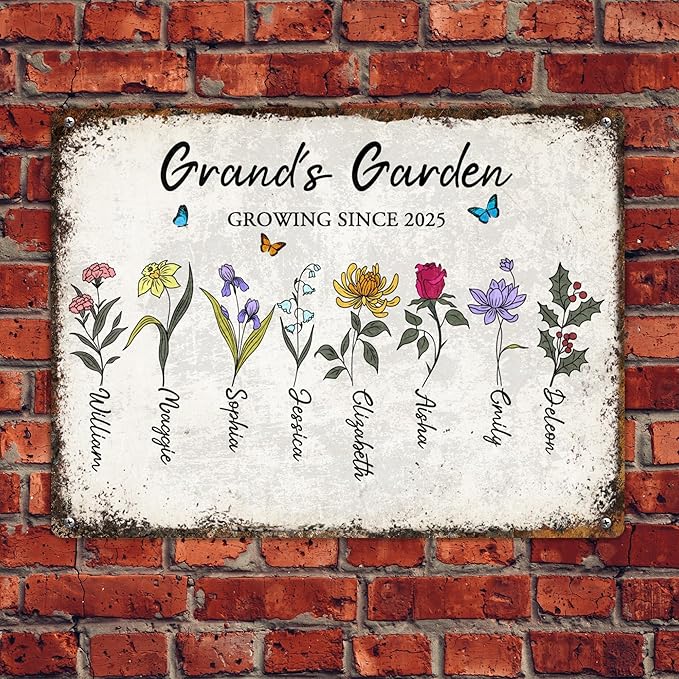 Custom Garden Signs Personalized Metal Tin Sign for Women, Retro Funny Birth Flower Metal Sign for Outdoor, Patio, Yard Rustic Home Decor Gift for Mothers Day, Grandmas, and Gardening Lovers