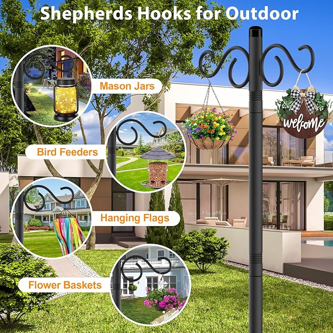Adjustable Shepherd Hooks for Outdoor,4 Pack 90 Inch 5 Prong Base Bird Two Sided Feeder Poles,Heavy Duty Shepherds Hook,Suitable for Garden in Hanging Flower Basket,Lantern,Bird Nests
