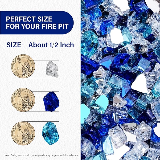 NUPICK 20 Pound Fire Glass for Fire Pit, 1/2 Inch Tempered Mixed Fire Glass in Bahama Blend for Propane Fire Pit & Gas Fireplace, Blue and White Fire Glass Rock