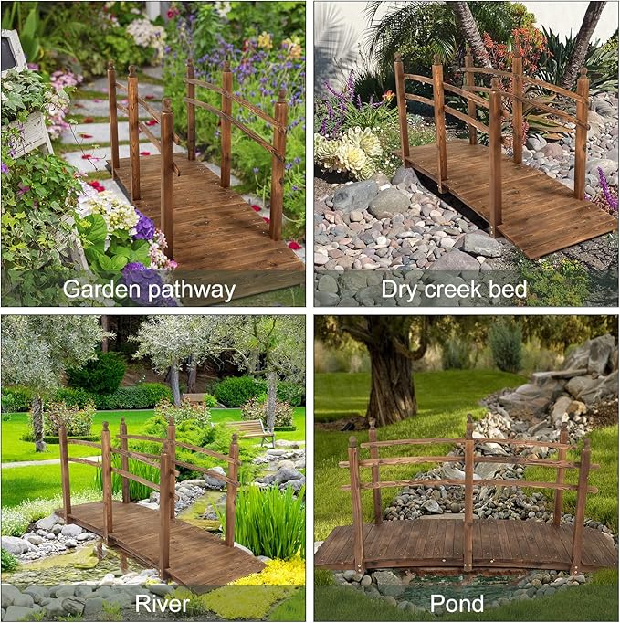 VINGLI 7.5 ft Garden Bridge, Arch Walkway Wooden Bridge with Safety Rails Stained Finished, Decorative Landscaping Footbridge for Koi Pond, Dry Creek Bed, Garden Pathway or Rustic Wedding Decor