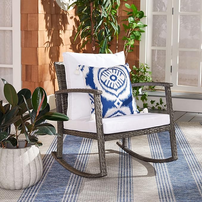 SAFAVIEH Outdoor Collection Daire Woven Grey Brown/White Cushion Rocking Chair for Patio Porch Backyard Sunroom
