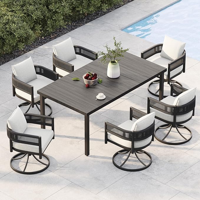 Grand patio Outdoor Dining Set for 6, 7 PCS Patio Table and Chairs Set, Metal Woven Wicker Swivel Patio Chairs with Thickened Cushions & 1 Rectangular Woodgrain Dining Table with Umbrella Hole (Black)