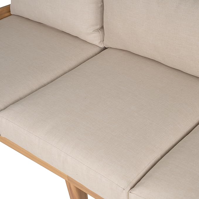 Christopher Knight Home Kavets 76.25'' W Outdoor 3 Seater Sofa with 5" Cushion, Acacia Wood Patio Sofa, Modern Slat Panel Bench, Spacious Seating Couch for Backyard Garden Porch, Light Teak+Beige