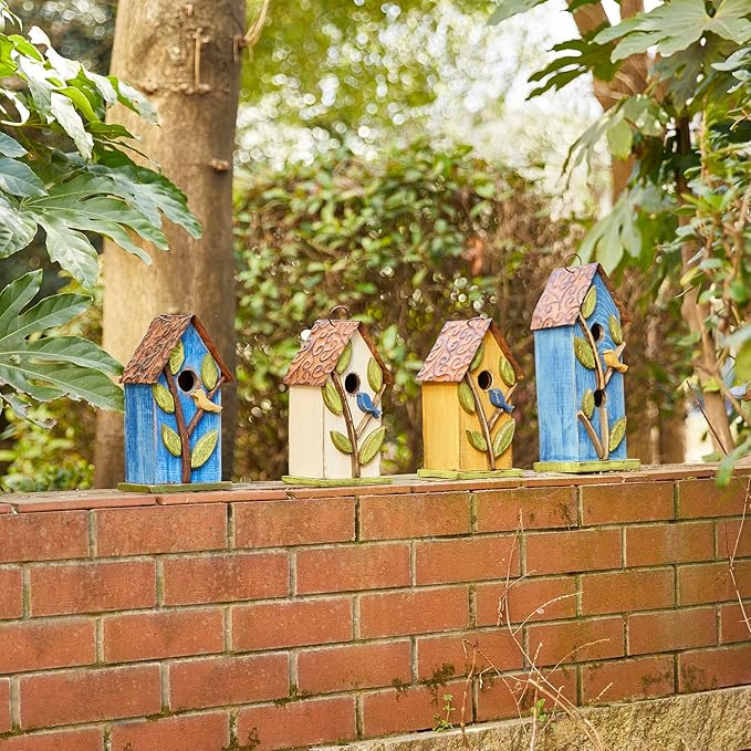 Glitzhome Bird Houses for Outside, 9.7" H Hanging Bird House for Outdoor, Patio Garden Decorative Pet Cottage Distressed Wooden Birdhouse for Bluebird Hummingbird Wren Finch Cardinals, Blue Leaves