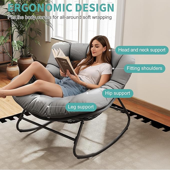 Fancyango Oversized Egg Rocking Chair for Indoor/Outdoor – All-Weather Wicker Rattan Lounge Chair with Cushion, Patio Rocker for Porch, Garden, or Balcony (Grey, 37.8" D x 36.6" W x 33" H)